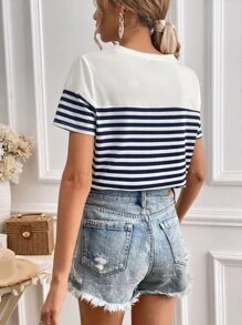 SHEIN Frenchy Áo thun nữ Thêu Lá thư Sọc Giải trí - Xanh và trắng - Xem 2