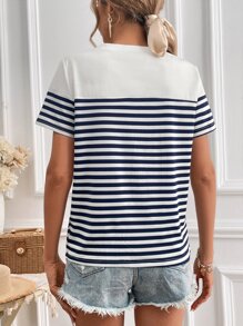 SHEIN Frenchy Áo thun nữ Thêu Lá thư Sọc Giải trí - Xanh và trắng - Xem 4