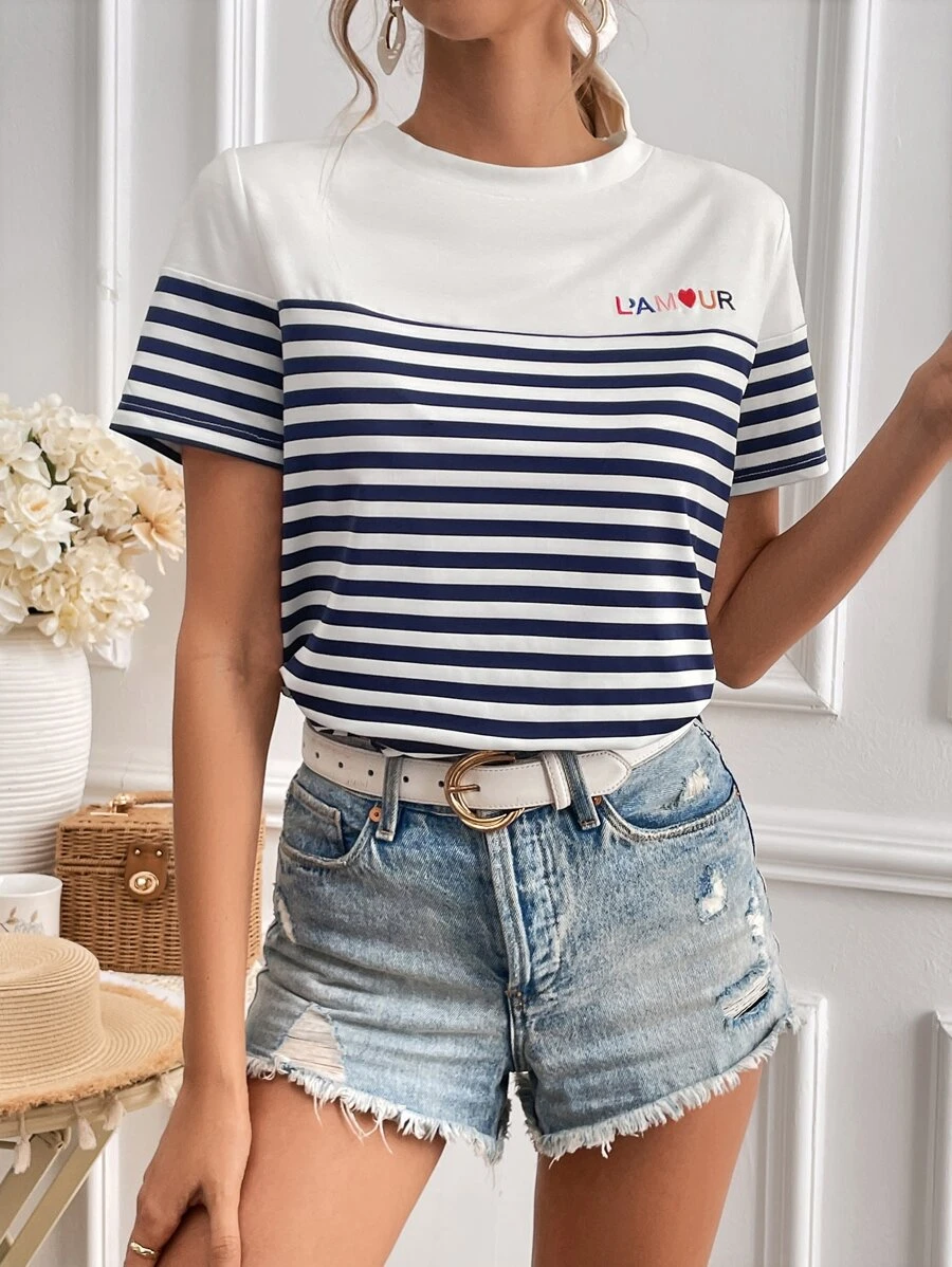 SHEIN Frenchy Áo thun nữ Thêu Lá thư Sọc Giải trí - Xanh và trắng - Xem 1