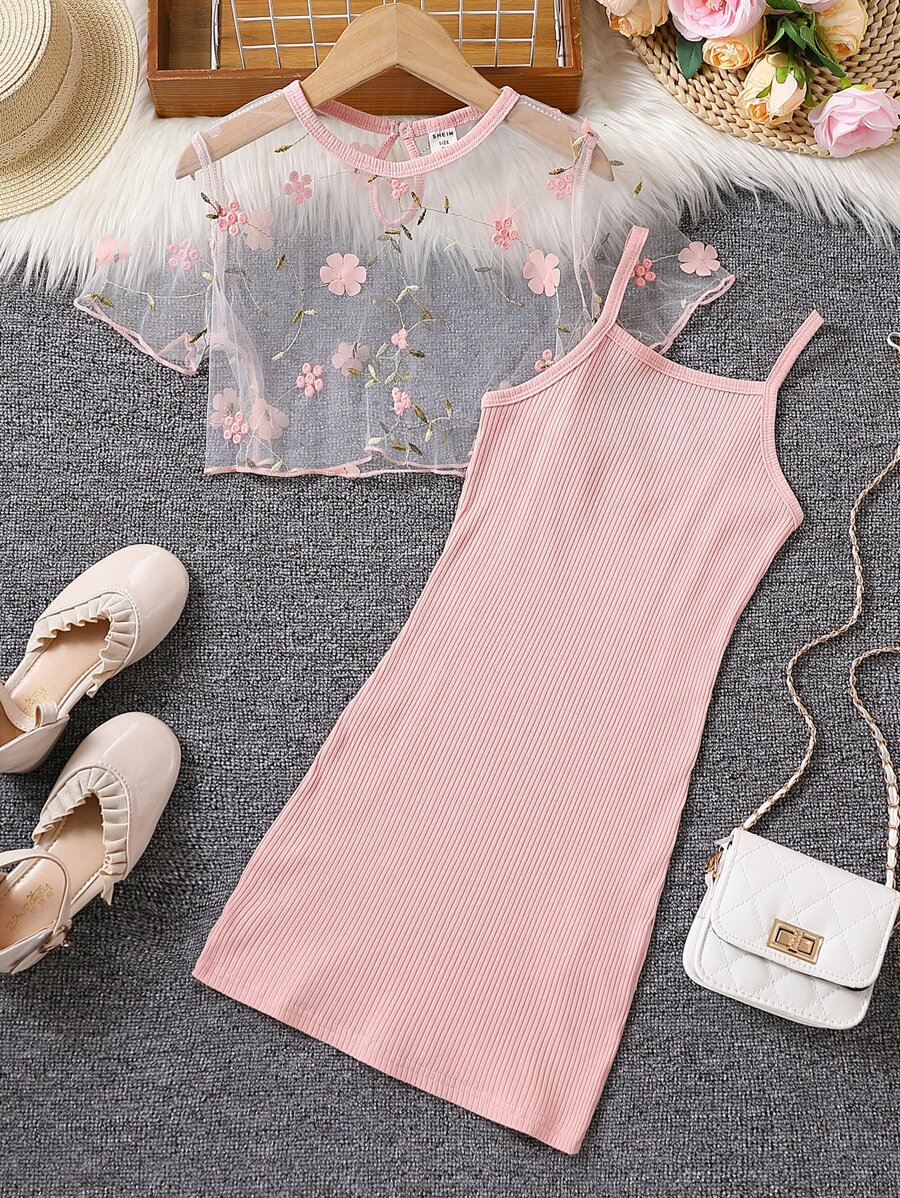 Tween Girl Floral Embroidery Mesh Top & Cami Dress,Holiday,Summer,Travel - Pink - View 1