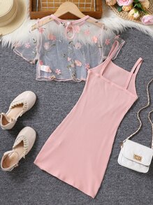 Tween Girl Floral Embroidery Mesh Top & Cami Dress,Holiday,Summer,Travel - Pink - View 2