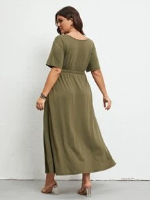 SHEIN LUNE Plus Solid A-line Dress - Olive Green - View 2