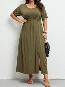 SHEIN LUNE Plus Solid A-line Dress - Olive Green - View 3