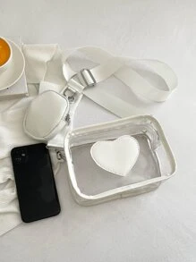 Mini Heart Pattern Transparent Square Bag With Coin Purse - White - View 5