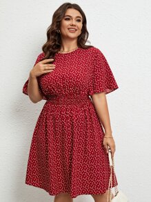 SHEIN LUNE Plus Confetti Heart Print Butterfly Sleeve Dress - Red and White - View 2