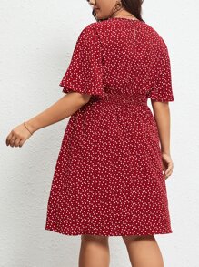 SHEIN LUNE Plus Confetti Heart Print Butterfly Sleeve Dress - Red and White - View 3