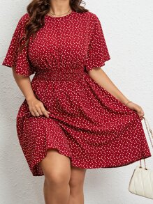 SHEIN LUNE Plus Confetti Heart Print Butterfly Sleeve Dress - Red and White - View 4