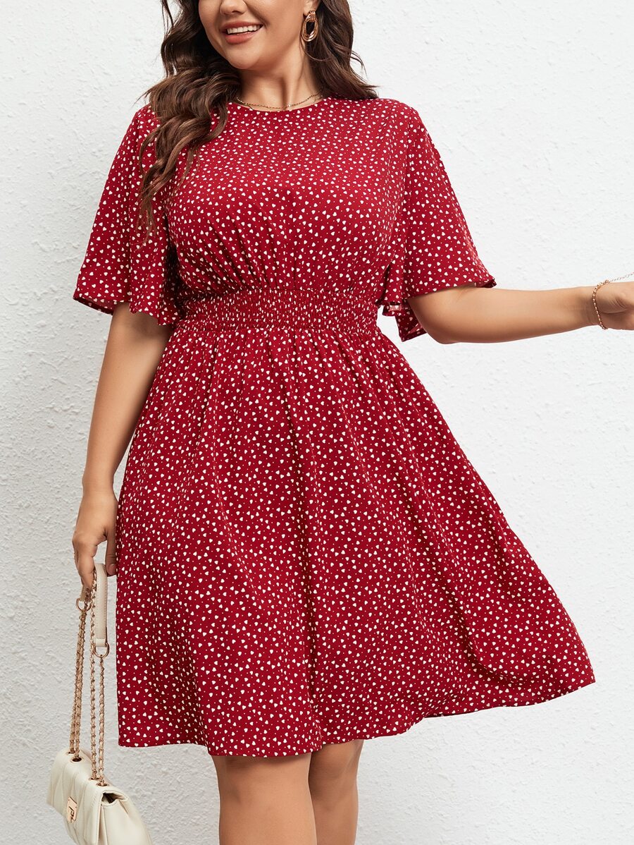 SHEIN LUNE Plus Confetti Heart Print Butterfly Sleeve Dress - Red and White - View 1