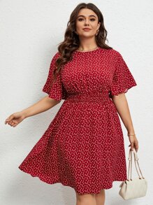 SHEIN LUNE Plus Confetti Heart Print Butterfly Sleeve Dress - Red and White - View 5