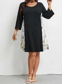 SHEIN LUNE Plus Floral Print Scoop Neck Dress - Multicolor - View 3