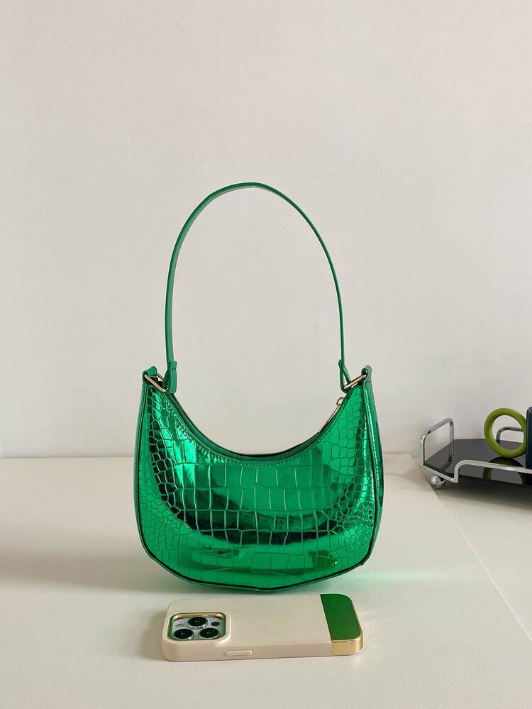 Neon Green Crocodile Embossed Hobo Bag - Green - View 5