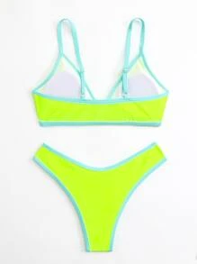 SHEIN Swim Bộ bikini tam giác neon tương phản bãi biển mùa hè, bộ đồ tắm bikini đi nghỉ - Màu xanh chanh - Xem 2