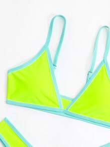 SHEIN Swim Bộ bikini tam giác neon tương phản bãi biển mùa hè, bộ đồ tắm bikini đi nghỉ - Màu xanh chanh - Xem 4