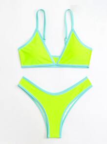 SHEIN Swim Bộ bikini tam giác neon tương phản bãi biển mùa hè, bộ đồ tắm bikini đi nghỉ - Màu xanh chanh - Xem 5