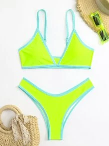 SHEIN Swim Bộ bikini tam giác neon tương phản bãi biển mùa hè, bộ đồ tắm bikini đi nghỉ - Màu xanh chanh - Xem 6