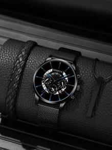 Men Round Pointer Quartz Watch & 2pcs Geo Jewelry Set - Black - View 1