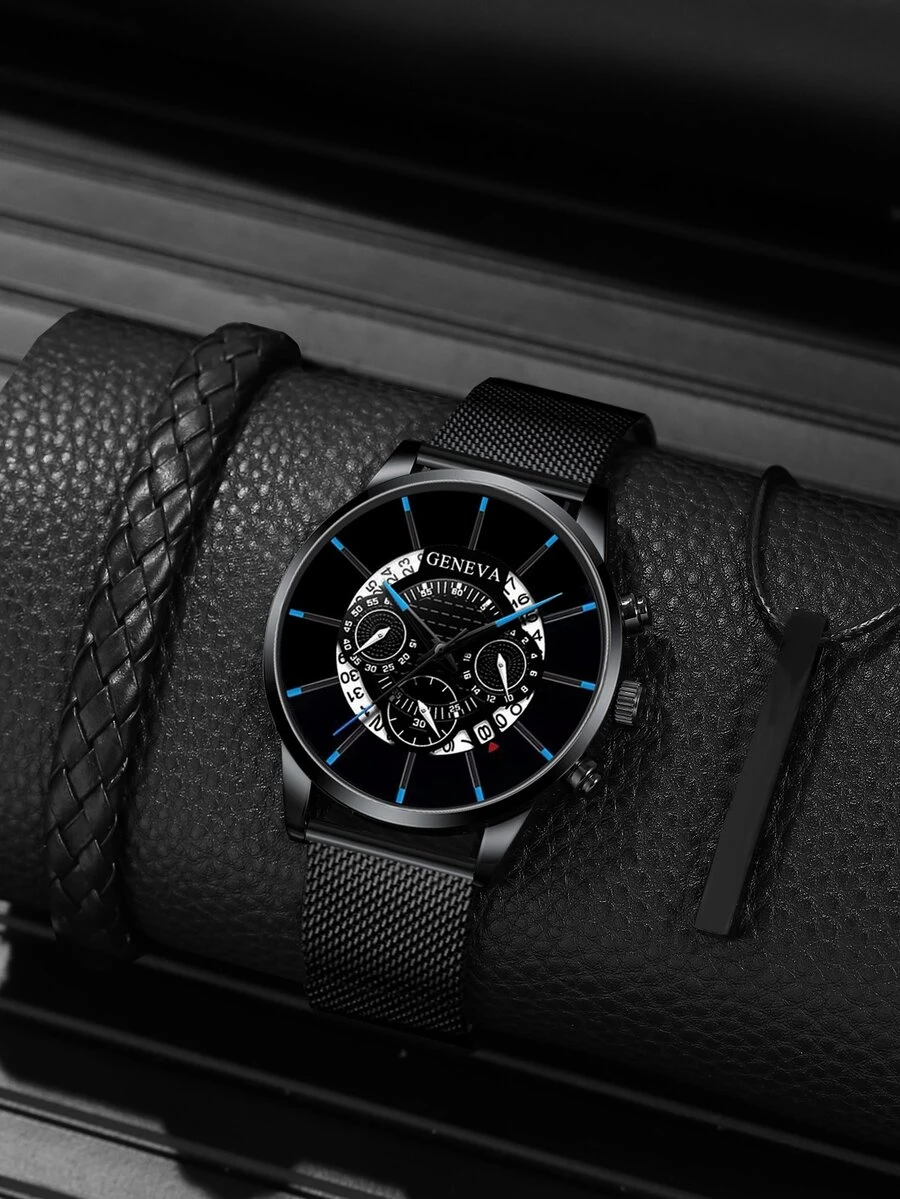 Men Round Pointer Quartz Watch & 2pcs Geo Jewelry Set - Black - View 1