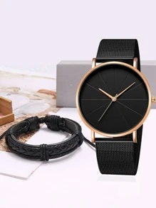 1入組男士圓形指針石英手錶和1入組手環 - 黑色 - 查看 1
