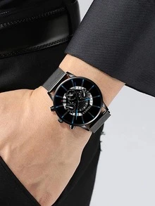 Men Round Pointer Quartz Watch & 2pcs Geo Jewelry Set - Black - View 2