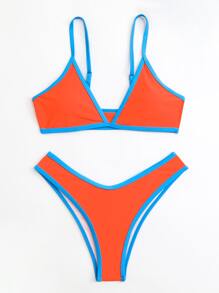 SHEIN Swim Summer Beach Contrast Binding Triangle Bikini Set - Orange - View 4