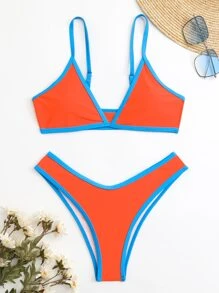 SHEIN Swim Summer Beach Contrast Binding Triangle Bikini Set - Orange - View 6