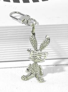 1pc Alloy Made Bunny-Shaped Handbag Pendant With Rhinestone & Glasses Detail, Keyring Included - Silver - View 2