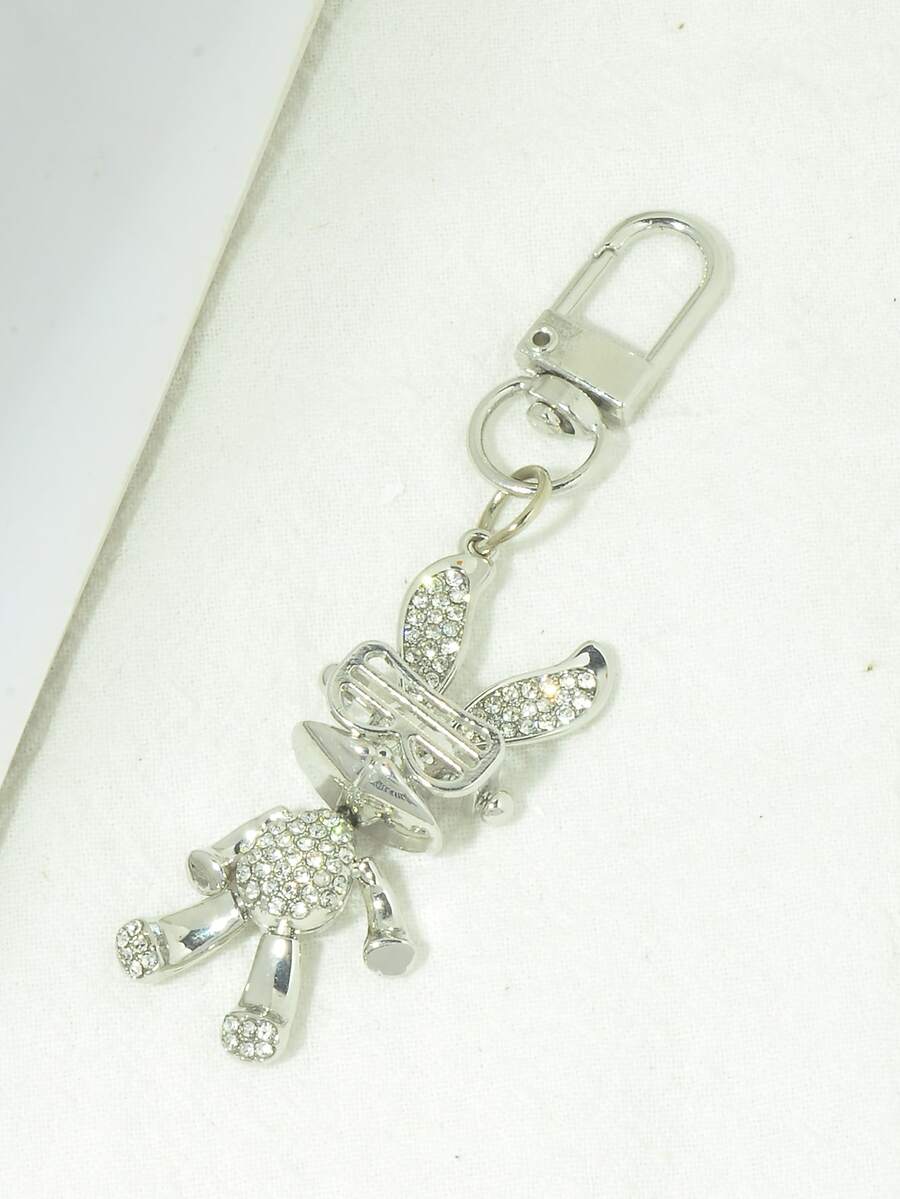 1pc Alloy Made Bunny-Shaped Handbag Pendant With Rhinestone & Glasses Detail, Keyring Included - Silver - View 1
