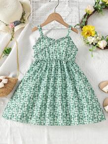 小女童碎花褶邊吊帶洋裝