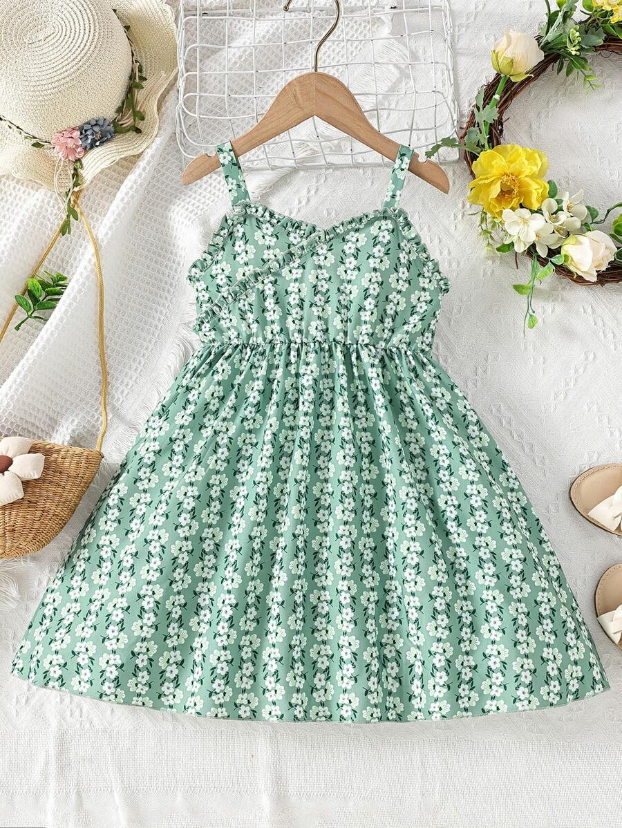 小女童碎花褶邊吊帶洋裝
