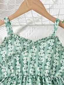 小女童碎花褶邊吊帶洋裝