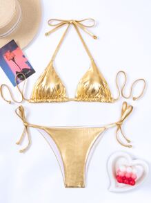 Summer Beach Metallic Triangle Tie Side Bikini Set - Gold - View 1