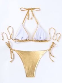 Summer Beach Metallic Triangle Tie Side Bikini Set - Gold - View 2
