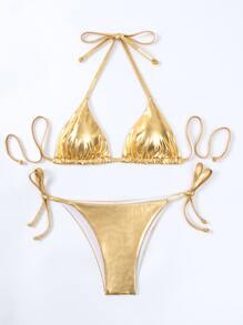 Summer Beach Metallic Triangle Tie Side Bikini Set - Gold - View 3