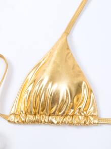 Summer Beach Metallic Triangle Tie Side Bikini Set - Gold - View 4