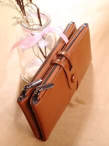 Monedero largo con diseño de botón - Marrón - Ver 7