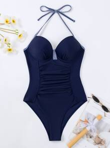 SHEIN Swim Summer Beach Striped Print Ruched Underwire One Piece Swimsuit - Navy Blue - View 8