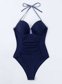 SHEIN Swim Summer Beach Striped Print Ruched Underwire One Piece Swimsuit - Navy Blue - View 6