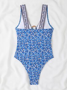 Ditsy Floral Print Plunging One Piece Swimsuit - Blue - View 4