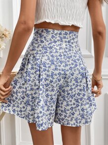 SHEIN Frenchy 碎花腰帶闊腿短褲 - 藍白色 - 查看 2