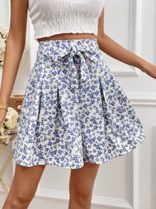 SHEIN Frenchy 碎花腰帶闊腿短褲 - 藍白色 - 查看 5