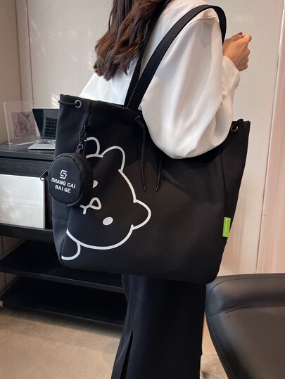 Einfache Cartoon Bären Segeltuch Umhängetasche, vielseitige All Match Einkaufstasche mit Mini Geldbörse Cartoon Grafik Einkaufstasche mit Münzgeldbörse