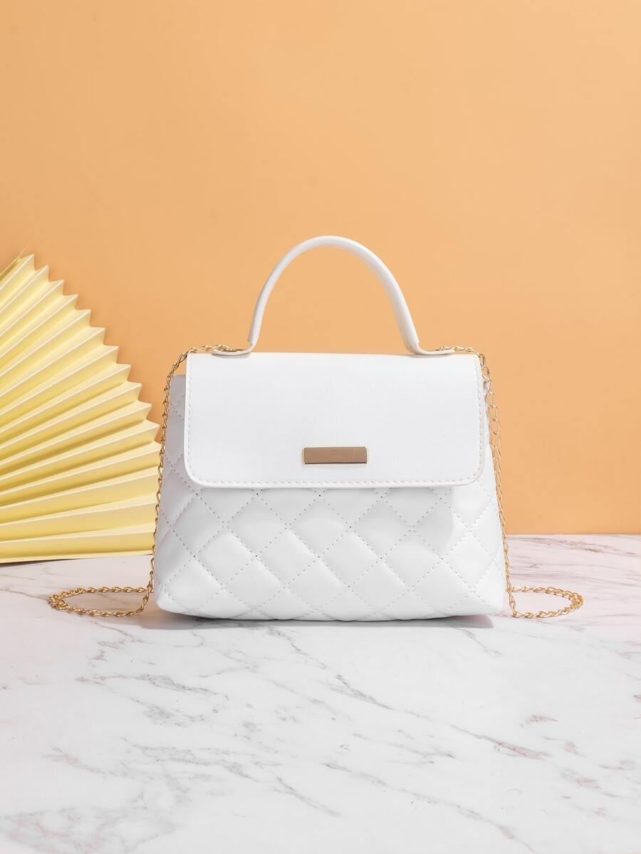 Quilted Pattern Chain Square Bag - White - View 1