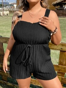 SHEIN LUNE Jumpsuits Plus Size Thắt nút Thắt nơ trước màu trơn Giải trí - màu đen - Xem 7