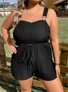 SHEIN LUNE Jumpsuits Plus Size Thắt nút Thắt nơ trước màu trơn Giải trí - màu đen - Xem 8