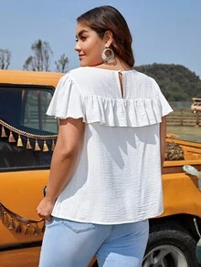 SHEIN Clasi Plus Contrast Lace Ruffle Trim Blouse - White - View 4