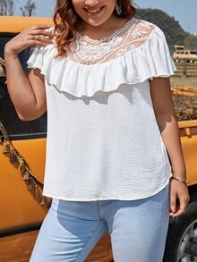 SHEIN Clasi Plus Contrast Lace Ruffle Trim Blouse - White - View 2