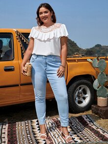 SHEIN Clasi Plus Contrast Lace Ruffle Trim Blouse - White - View 10