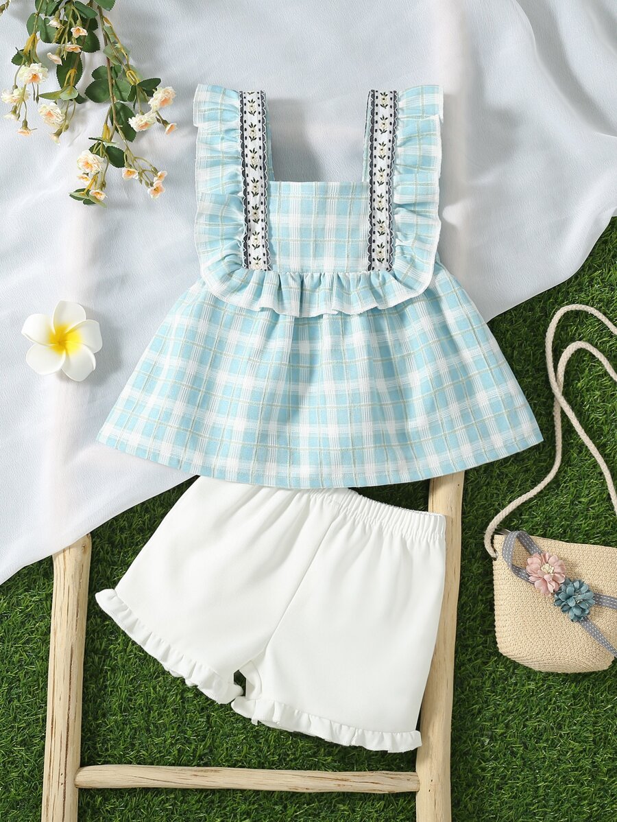 SHEIN Baby Plaid Print Ruffle Trim Top & Frill Hem Shorts - Blue and White - View 1