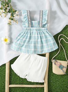 SHEIN Baby Plaid Print Ruffle Trim Top & Frill Hem Shorts - Blue and White - View 2