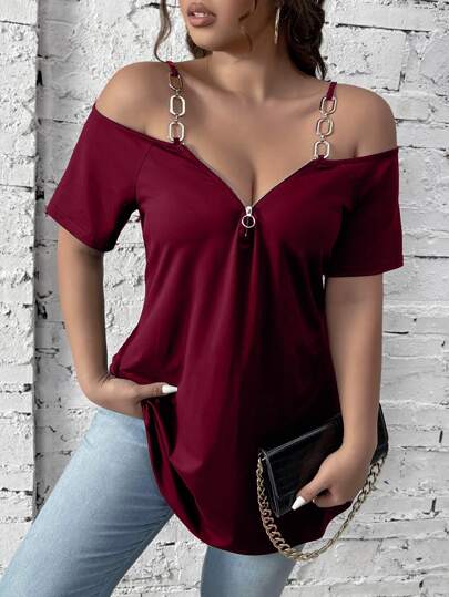 Rometta Plus Size Burgundy V-Neck Zipper Decor Oval Chain Strap Off-Shoulder Short Sleeve Loose T-Shirt, Minimalist Casual Comfortable Home Outing Date Gathering Commute